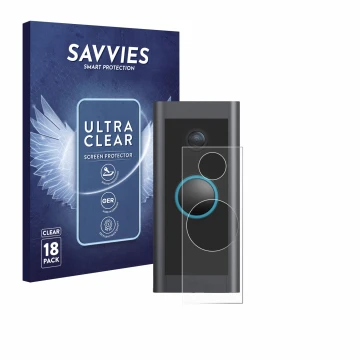 Front side of a product packaging with the brand logo Savvies. Next to it is the device Ring Video Doorbell Wired shown with t