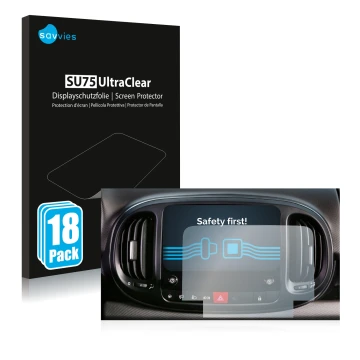 Front side of a product packaging with the brand logo Savvies. Next to it is the device Fiat 500L 2022 Uconnect 7