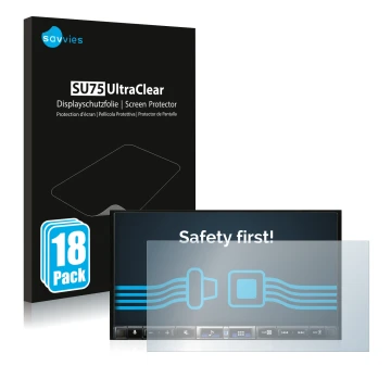 Front side of a product packaging with the brand logo Savvies. Next to it is the device Alpine iLX-705D shown with the corresp