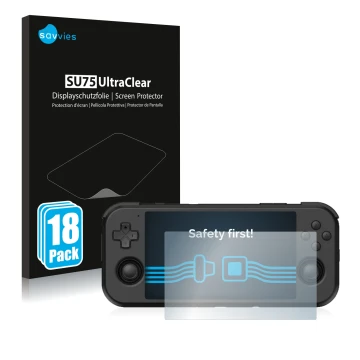 Front side of a product packaging with the brand logo Savvies. Next to it is the device Retroid Pocket 3 shown with the corres