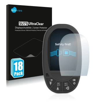 Front side of a product packaging with the brand logo Savvies. Next to it is the device Flymaster GPS LS shown with the corres