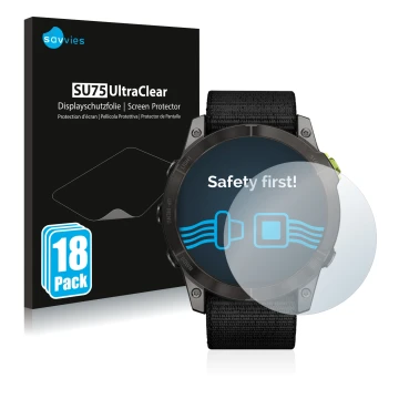 Front side of a product packaging with the brand logo Savvies. Next to it is the device Garmin Enduro 2 shown with the corresp