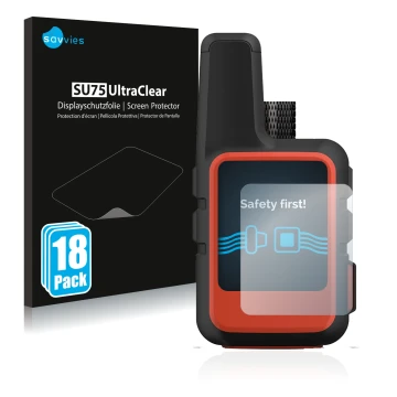 Front side of a product packaging with the brand logo Savvies. Next to it is the device Garmin inReach Mini 2 shown with the c