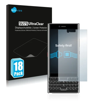 Front side of a product packaging with the brand logo Savvies. Next to it is the device Unihertz Titan Slim shown with the cor