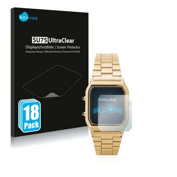 Front side of a product packaging with the brand logo Savvies. Next to it is the device Casio AQ-230GA shown with the correspo