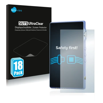 Front side of a product packaging with the brand logo Savvies. Next to it is the device iBasso DX170 shown with the correspond