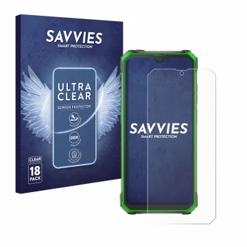 Front side of a product packaging with the brand logo Savvies. Next to it is the device Blackview BV7100 shown with the corres