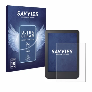 Front side of a product packaging with the brand logo Savvies. Next to it is the device Kobo Clara 2E shown with the correspon