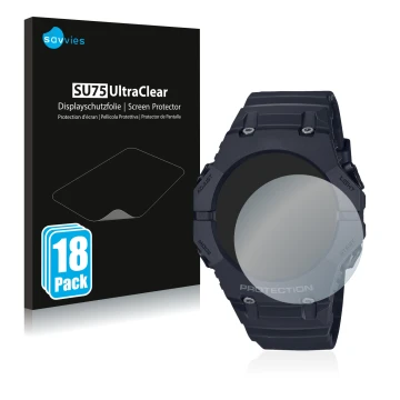 Front side of a product packaging with the brand logo Savvies. Next to it is the device Casio G-Shock GA-B001 shown with the c