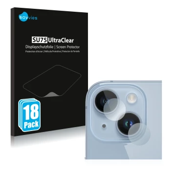 Front side of a product packaging with the brand logo Savvies. Next to it is the device Apple iPhone 14 (ONLY Camera Lens) sho