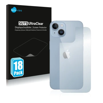 Front side of a product packaging with the brand logo Savvies. Next to it is the device Apple iPhone 14 (Back) shown with the 