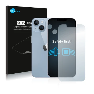 Front side of a product packaging with the brand logo Savvies. Next to it is the device Apple iPhone 14 (Front+Camera) shown w