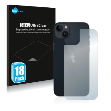 Front side of a product packaging with the brand logo Savvies. Next to it is the device Apple iPhone 14 Plus (Back) shown with