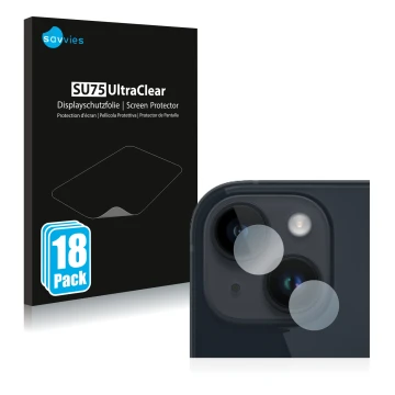 Front side of a product packaging with the brand logo Savvies. Next to it is the device Apple iPhone 14 Plus (ONLY Camera Lens