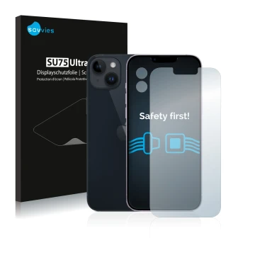 Front side of a product packaging with the brand logo Savvies. Next to it is the device Apple iPhone 14 Plus (Front+Camera) sh