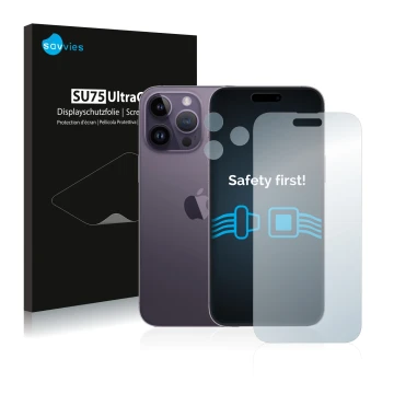 Front side of a product packaging with the brand logo Savvies. Next to it is the device Apple iPhone 14 Pro Max (Front+Camera)