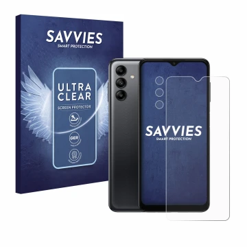 Front side of a product packaging with the brand logo Savvies. Next to it is the device Samsung Galaxy A04s (Front+Camera) sho