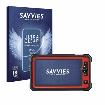 Front side of a product packaging with the brand logo Savvies. Next to it is the device Launch X-431 CRP919E shown with the co