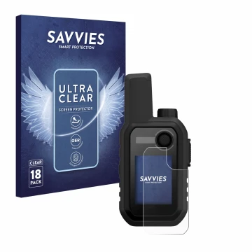 Front side of a product packaging with the brand logo Savvies. Next to it is the device Garmin Alpha 10 K shown with the corre