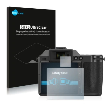 Front side of a product packaging with the brand logo Savvies. Next to it is the device Hasselblad X2D 100C shown with the cor