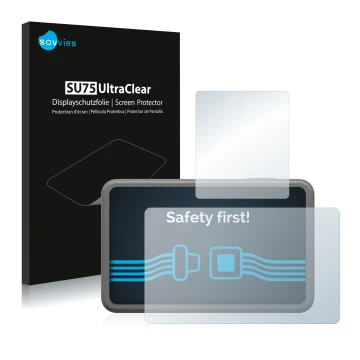 Front side of a product packaging with the brand logo Savvies. Next to it is the device DJI Osmo Action 3 shown with the corre