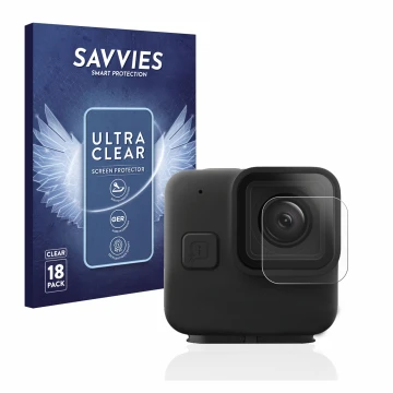 Front side of a product packaging with the brand logo Savvies. Next to it is the device GoPro Hero 11 mini Lens (housing) show