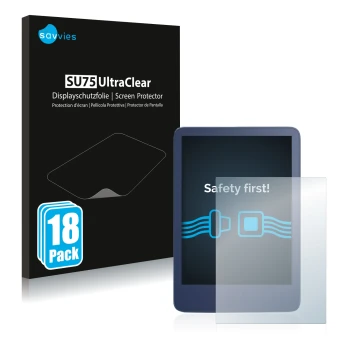 Front side of a product packaging with the brand logo Savvies. Next to it is the device Amazon Kindle Reader 2022 shown with t