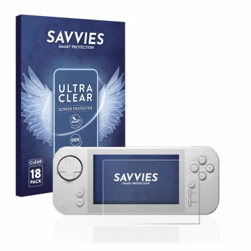 Front side of a product packaging with the brand logo Savvies. Next to it is the device Evercade EXP shown with the correspond