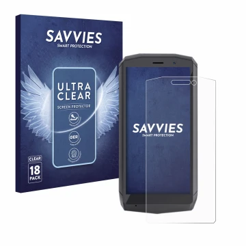 Front side of a product packaging with the brand logo Savvies. Next to it is the device Cubot Pocket shown with the correspond