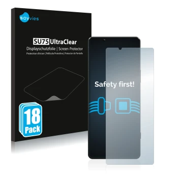Front side of a product packaging with the brand logo Savvies. Next to it is the device Sony Xperia 5 IV shown with the corres