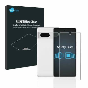 Front side of a product packaging with the brand logo Savvies. Next to it is the device Google Pixel 7 (Front+Camera) shown wi