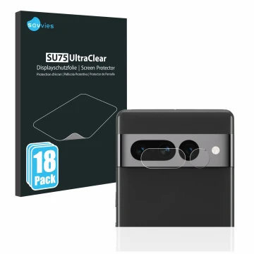 Front side of a product packaging with the brand logo Savvies. Next to it is the device Google Pixel 7 Pro (ONLY Camera Lens) 