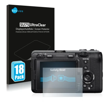 Front side of a product packaging with the brand logo Savvies. Next to it is the device Sony Alpha FX30 Cinema Line shown with