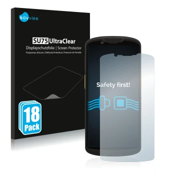 Front side of a product packaging with the brand logo Savvies. Next to it is the device Zebra TC58 shown with the correspondin