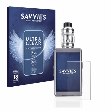 Front side of a product packaging with the brand logo Savvies. Next to it is the device GeekVape T200 shown with the correspon