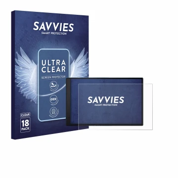 Front side of a product packaging with the brand logo Savvies. Next to it is the device Garmin DriveSmart 86 shown with the co