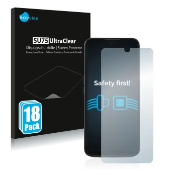 Front side of a product packaging with the brand logo Savvies. Next to it is the device Doro 8100 PLUS shown with the correspo