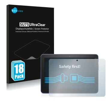 Front side of a product packaging with the brand logo Savvies. Next to it is the device Amazon Fire HD 8 Plus 2022 shown with 