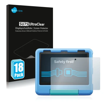 Front side of a product packaging with the brand logo Savvies. Next to it is the device Amazon Fire HD 8 Kids 2022 shown with 