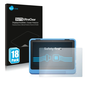 Front side of a product packaging with the brand logo Savvies. Next to it is the device Amazon Fire HD 8 Kids Pro 2022 shown w