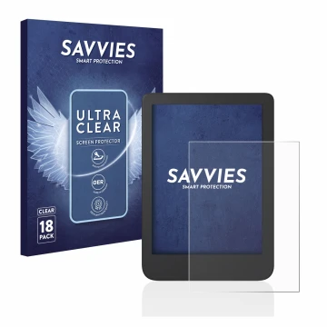 Front side of a product packaging with the brand logo Savvies. Next to it is the device Tolino Shine 4 shown with the correspo
