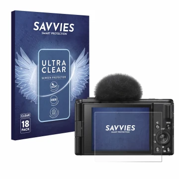 Front side of a product packaging with the brand logo Savvies. Next to it is the device Sony ZV-1F shown with the correspondin