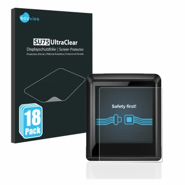 Front side of a product packaging with the brand logo Savvies. Next to it is the device Bosch Intuvia 100 shown with the corre