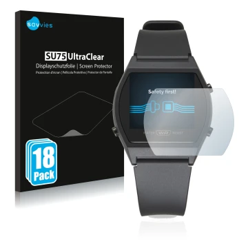 Front side of a product packaging with the brand logo Savvies. Next to it is the device Casio LW-204-1BEF shown with the corre