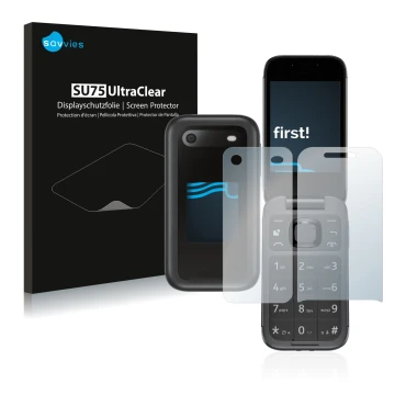 Front side of a product packaging with the brand logo Savvies. Next to it is the device Nokia 2660 Flip (Front+Back) shown wit