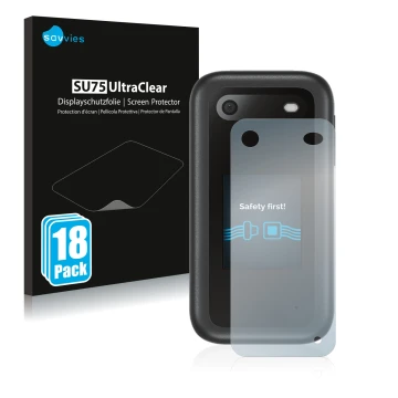 Front side of a product packaging with the brand logo Savvies. Next to it is the device Nokia 2660 Flip (Back) shown with the 