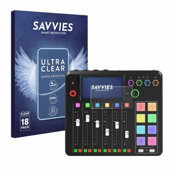 Front side of a product packaging with the brand logo Savvies. Next to it is the device Rode Rodecaster Pro II shown with the 