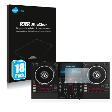 Front side of a product packaging with the brand logo Savvies. Next to it is the device Numark Mixstream Pro shown with the co