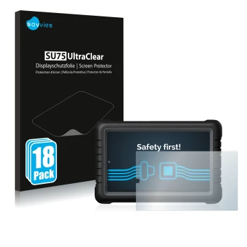 Front side of a product packaging with the brand logo Savvies. Next to it is the device Launch X-431 PROS V 8