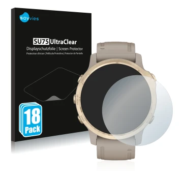 Front side of a product packaging with the brand logo Savvies. Next to it is the device Garmin Fenix 6S Pro Solar shown with t